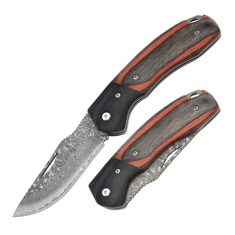 Damascus Steel Folding Pocket Knife | Wave Grain Wood Handle EDC Folding Pocket Knife Axl 1PCS