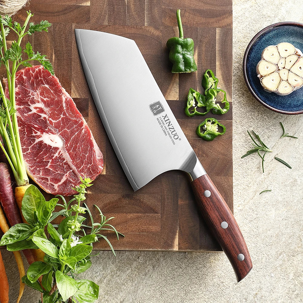 XINZUO 7-Inch Cleaver Knife – 440C Core, Red Wood Handle Cleaver Knife Axl