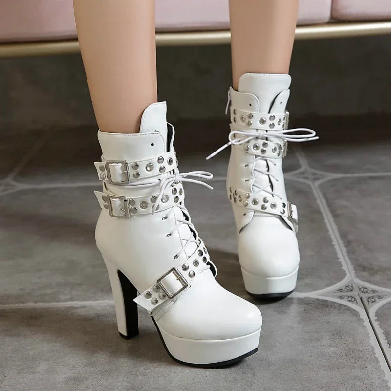 Women's Platform Ankle Boots – Square High Heel Zip Buckle Platform Ankle Boots Axl