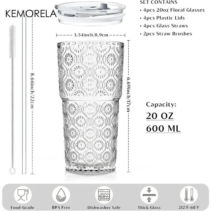 KEMORELA 600ml Begonia Glass Tumblers Set of 4 with Lids & Straws Glass Tumbler Set Axl