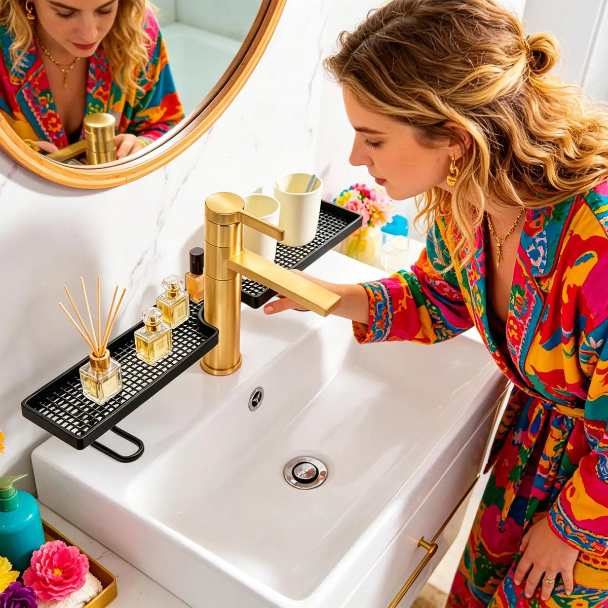 Bathroom Counter Organizer – No-Drill Floating Shelf & Drainage Bathroom Counter Shelf Axl
