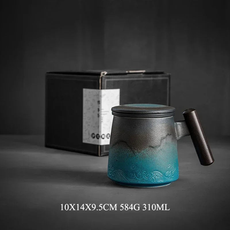 Retro Ceramic Coffee Mug with Lid & Wooden Handle | Gift Box Ceramic Coffee Mug Axl 1 301-400ml