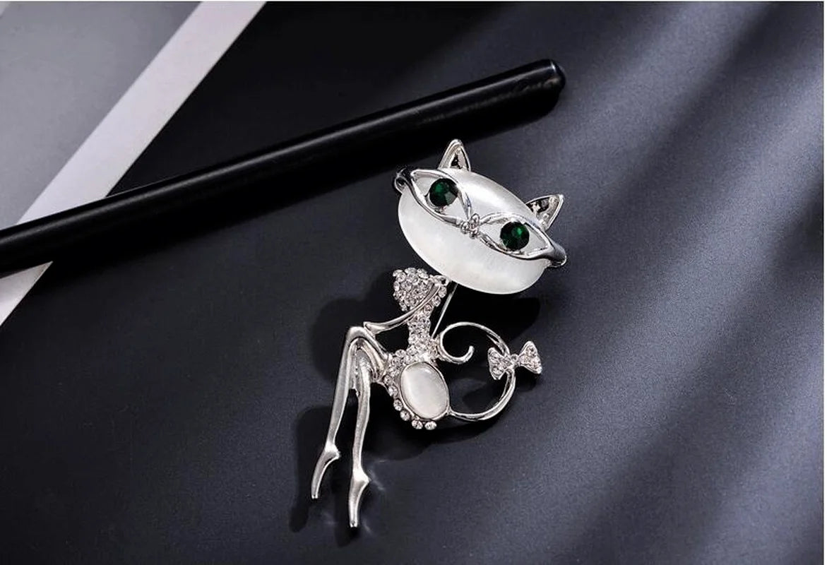 Opal Cat Eye Stone Brooch – Crystal Kitten Pin for Women Crystal Brooch Pin Axl