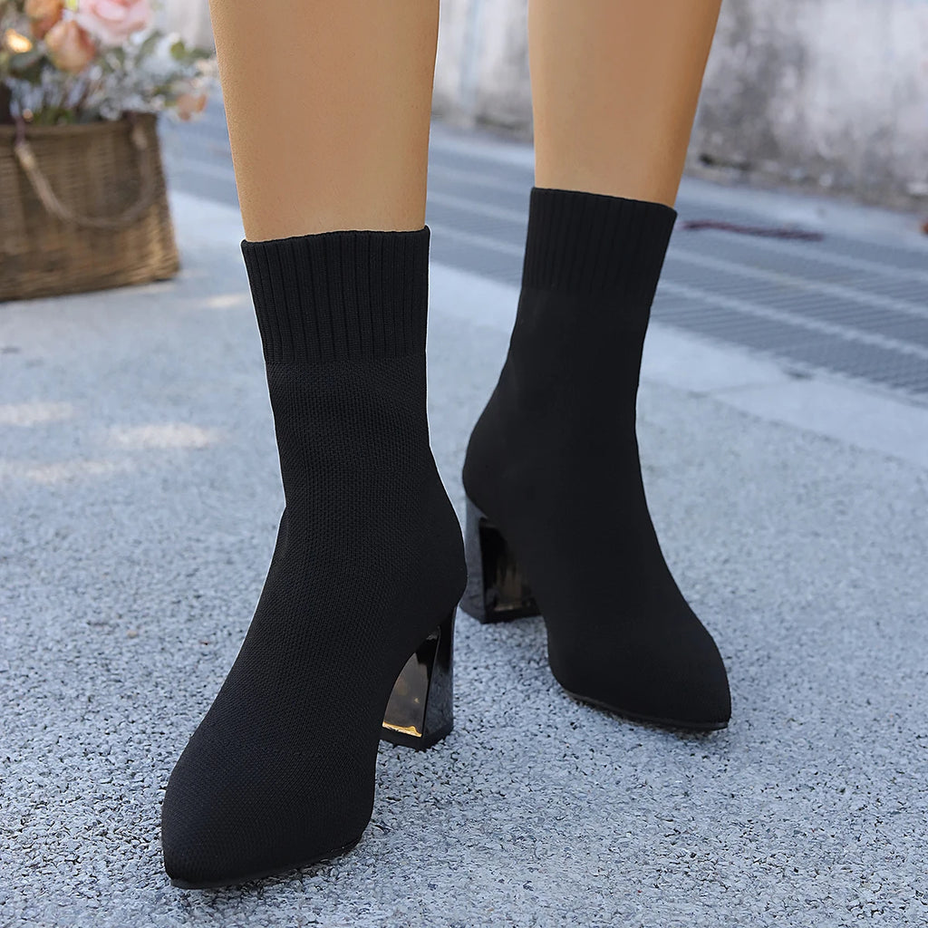 Women's Knitted Sock Ankle Boots | Pointed Toe Square Heel Sock Ankle Boots Axl