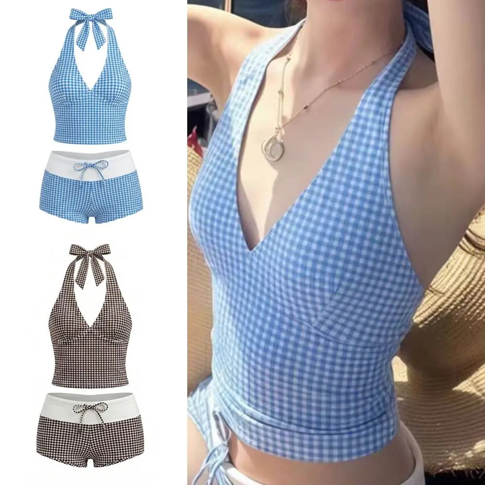 Y2K Halter Neck Plaid Bikini Set – 2-Piece Slim Swimsuit Bikini Swimsuit Set Axl