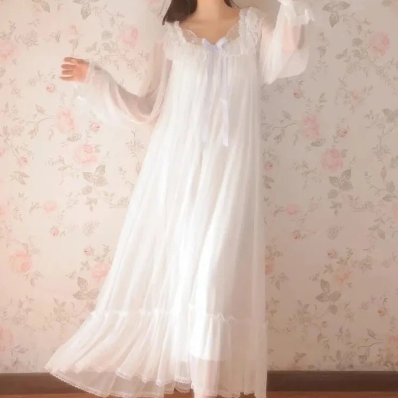 Women's Lace Mesh Nightgown – Bow Long-Sleeve Nightdress Women's Nightgown Axl