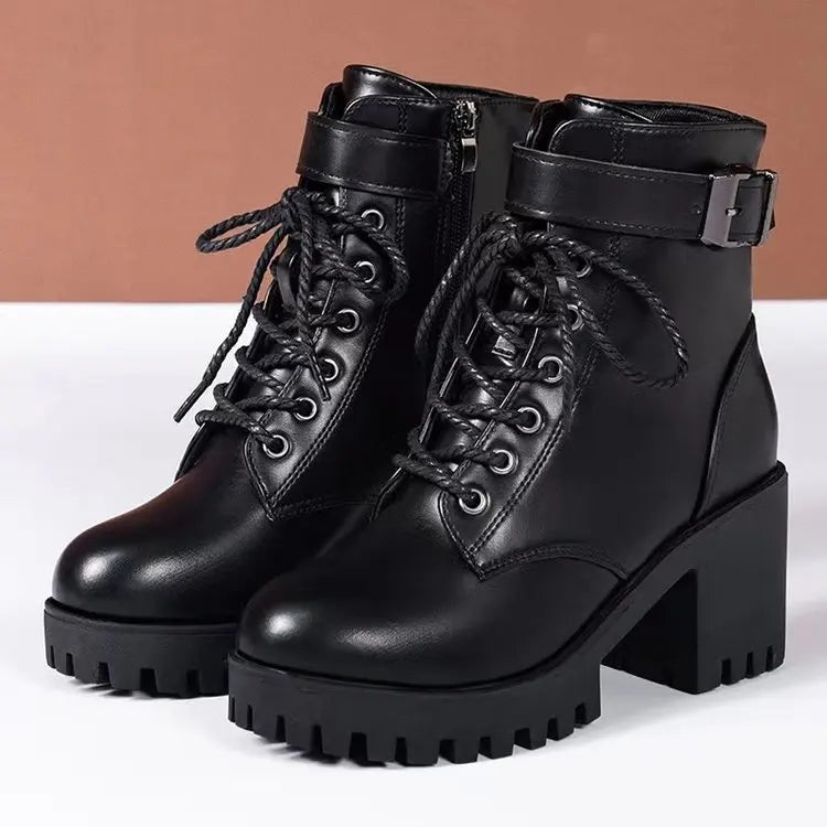 Women's Lace-Up Ankle Boots – Square Block Heel & Buckle Strap Ankle Boots Axl Black 36