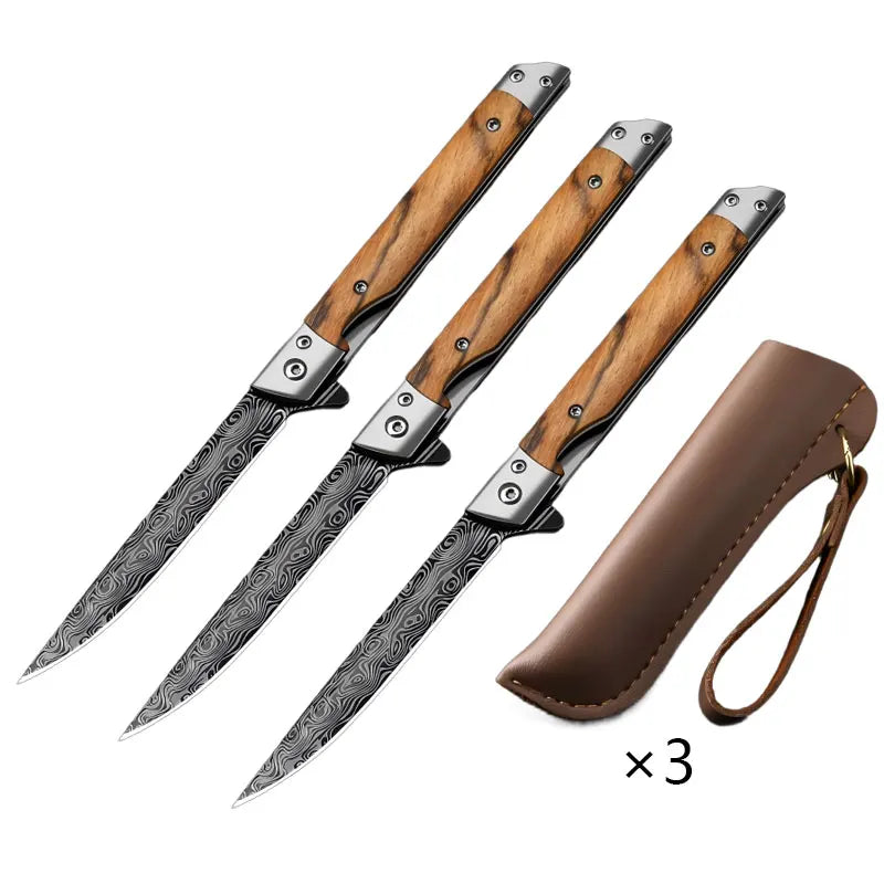 PLYS Folding Pocket Knife – Damascus Steel & Wood Handle EDC Folding Pocket Knife Axl 3pcs