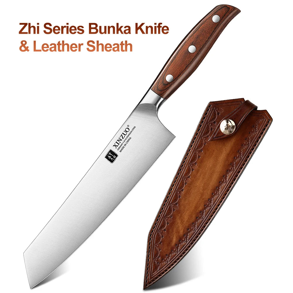 XINZUO 8" Bunka Knife – German Steel, Pakka Wood Handle Bunka Kitchen Knife Axl With Leather Sheath