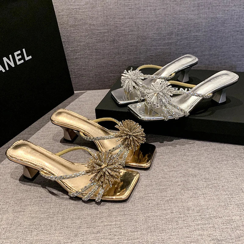 Rhinestone Chunky Heel Sandals – Square Toe Party Slippers Heeled Sandals Axl