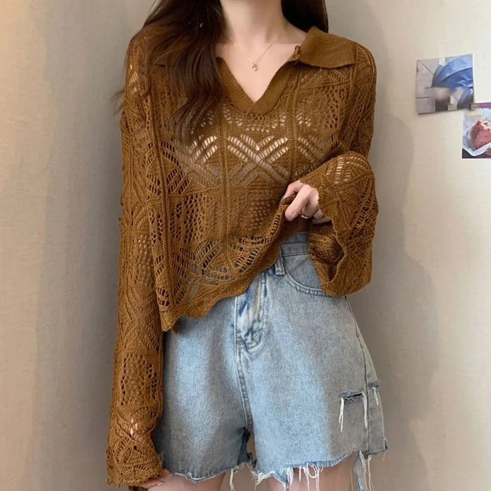 Women's V-Neck Crochet Hollow Knit Beach Top | Long Sleeve Crochet Knit Top Axl