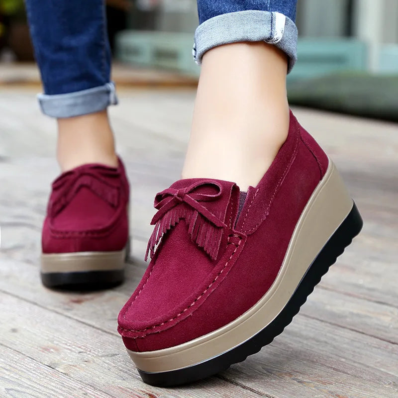 Women's Green Suede Platform Loafers – Tassel Fringe Moccasins Platform Loafers Axl