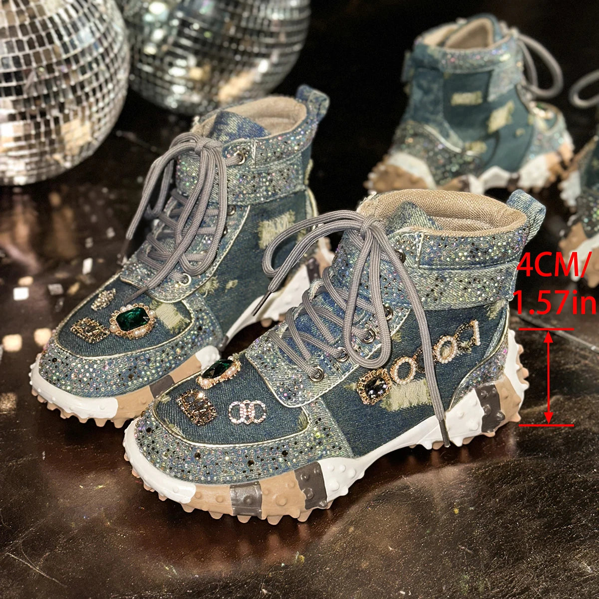 Women's Rhinestone High-Top Sneaker Boots – Thick Sole High-Top Sneaker Boots Axl Blue 35