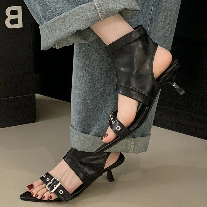 Women's Pointed Toe Ankle Boots – Metal Buckle Thin Heel Women's Ankle Boots Axl
