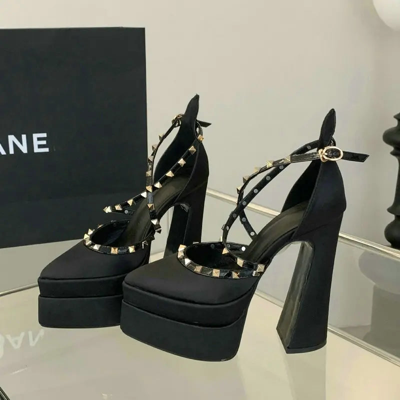 Women's Satin Rivet Platform Pumps | Pointed Toe High Heels Platform Heel Pumps Axl black 39