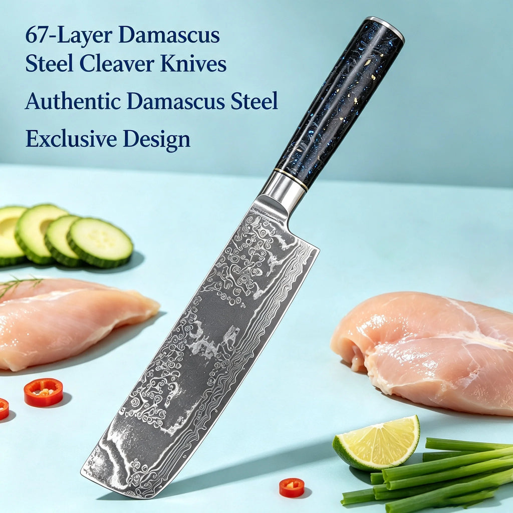 67-Layer Damascus Steel Nakiri Knife – Sharp Chef's Cleaver Damascus Kitchen Knife Axl