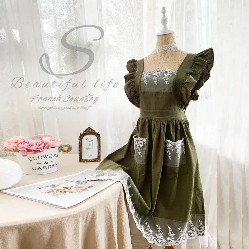 Women's Cotton Linen Vintage Apron Dress – Japanese Kitchen Style Apron Dress Axl Dark Green