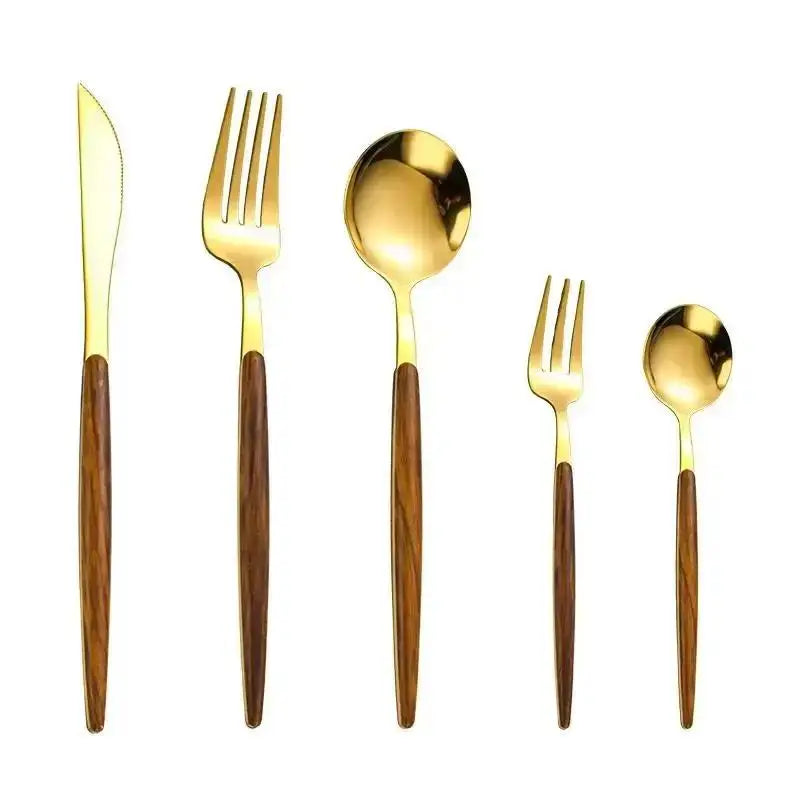 5-Piece Gold Cutlery Set – Wooden Handle Stainless Steel Cutlery Flatware Set Axl