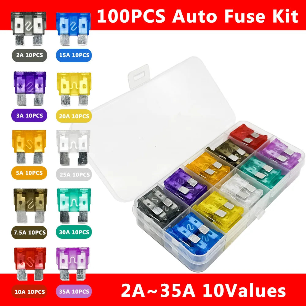100-Piece Car Blade Fuse Kit 15A–35A with Storage Box | ATC/ATO Automotive Fuse Kit Axl