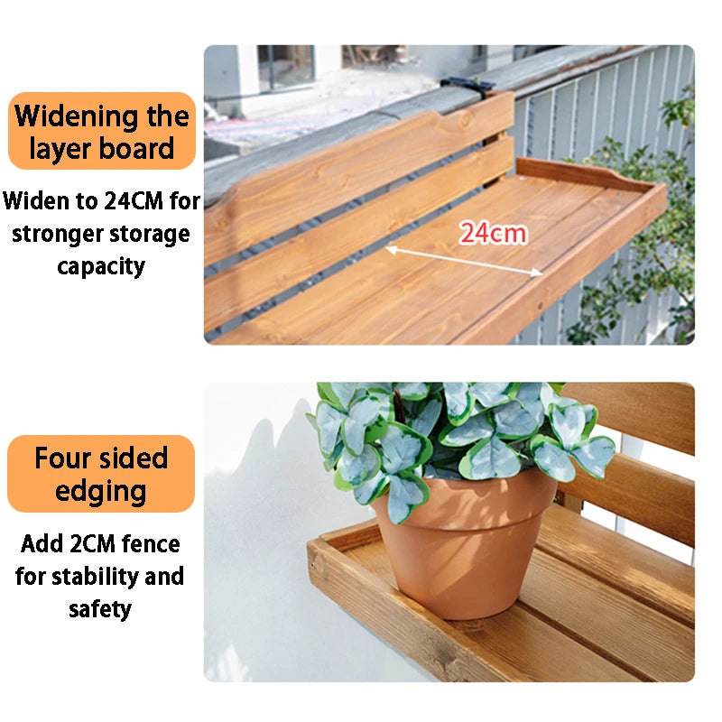 Foldable Balcony Railing Table & Flower Pot Rack – Wood Balcony Plant Stand Axl