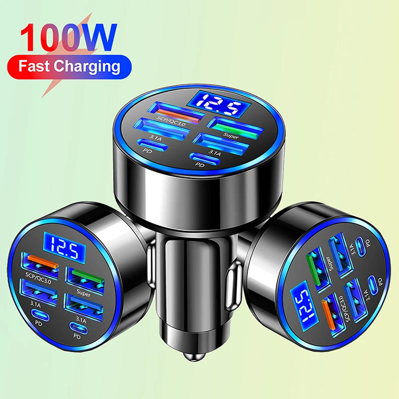 100W 6-Port USB Type-C Car Charger with Voltage Display Car Charger Axl 6in1