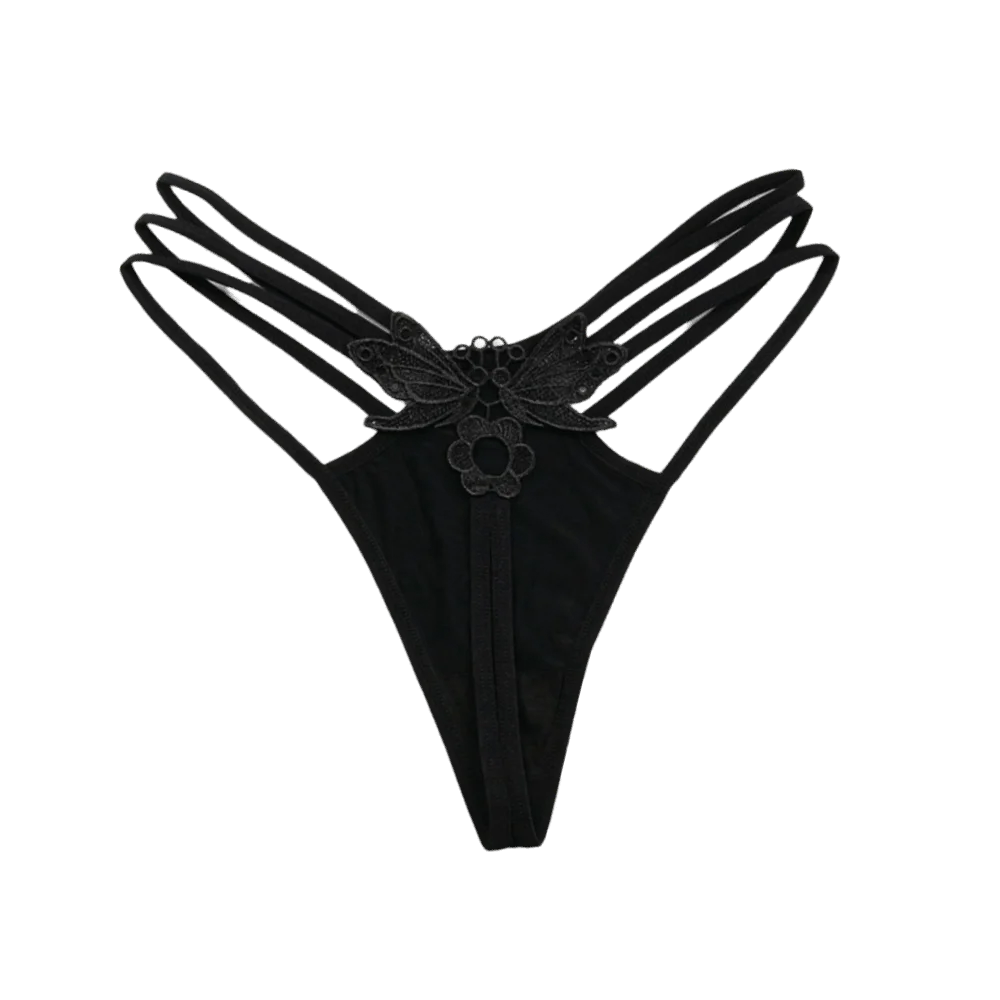 Women's Lace Butterfly Thong – Low Rise Nylon T-Back Panties Thong Panties Axl Black One Size 1pc