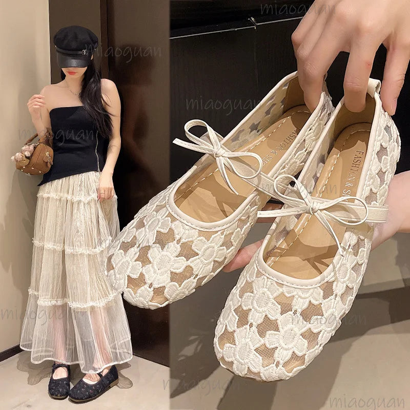 Women's Mesh Lace-Up Flats | Square Toe Comfort Shoes Women's Flat Shoes Axl