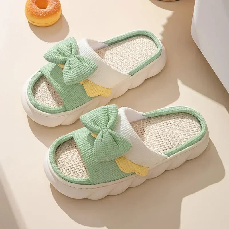 Women's Linen Bowknot Slippers – Anti-Slip Flat Cotton Slides House Slippers Axl green 36-37