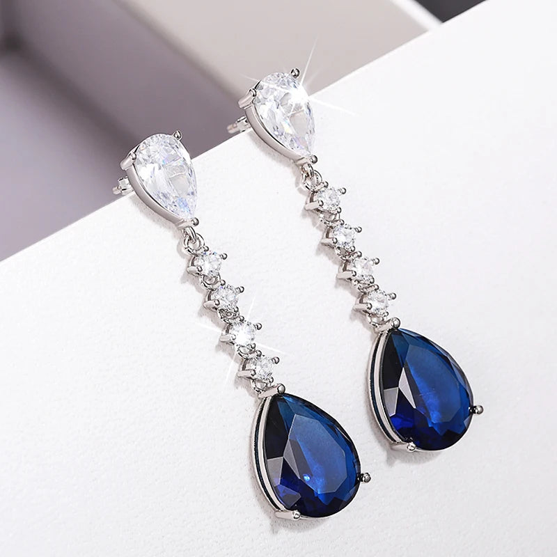 Huitan Blue CZ Waterdrop Long Drop Earrings for Women Drop Earrings Axl E3681