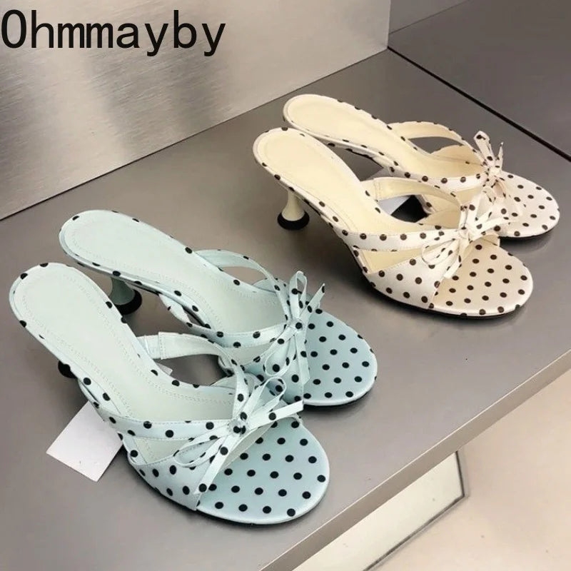 Satin Butterfly-Knot Women's Slippers – Polka Dot Block Heels Block Heel Slippers Axl