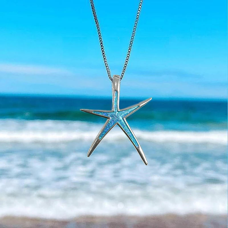 Huitan Blue Starfish Pendant Necklace – Boho Beach Jewelry Pendant Necklace Axl XL1631 40cm 5cm