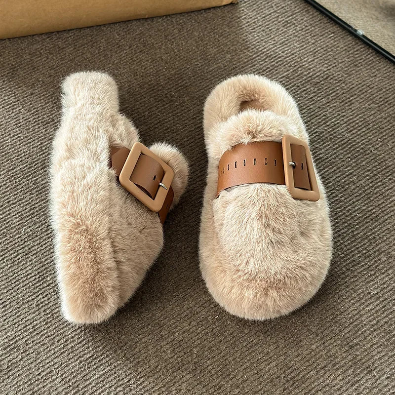 Women's Fluffy Wool Fur Slides – Warm Plush Winter Slippers Fur Mule Slippers Axl khaki 40