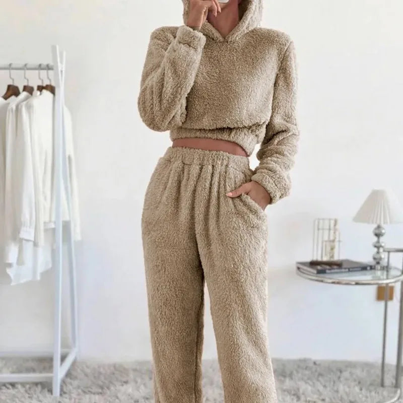Women's Plush Hooded Loungewear Set – Cozy Winter Homewear Women's Loungewear Set Axl khaki S