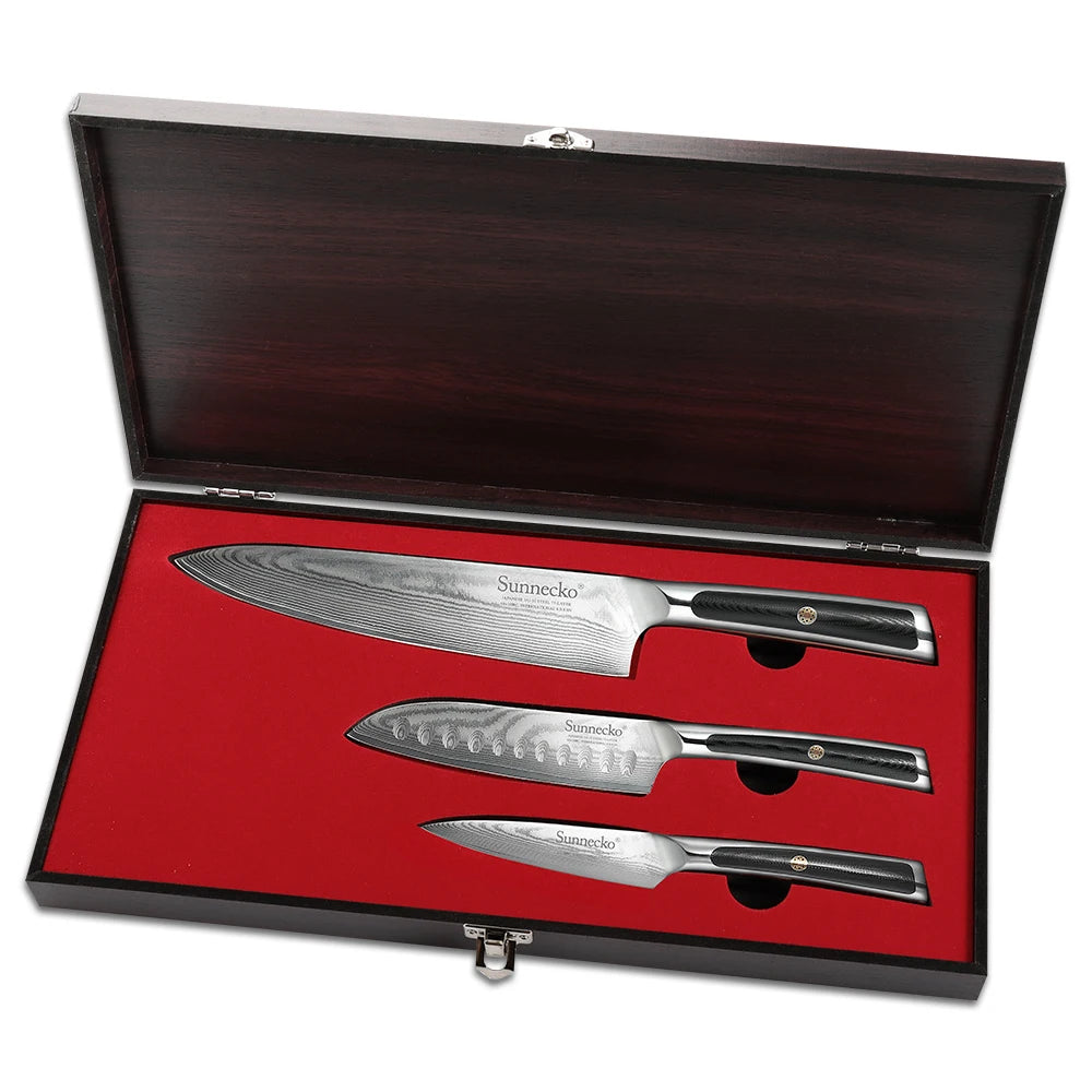 Sunnecko 3-Pc Damascus Steel Knife Set – VG10 Japanese Kitchen Damascus Kitchen Knife Set Axl China Mainland