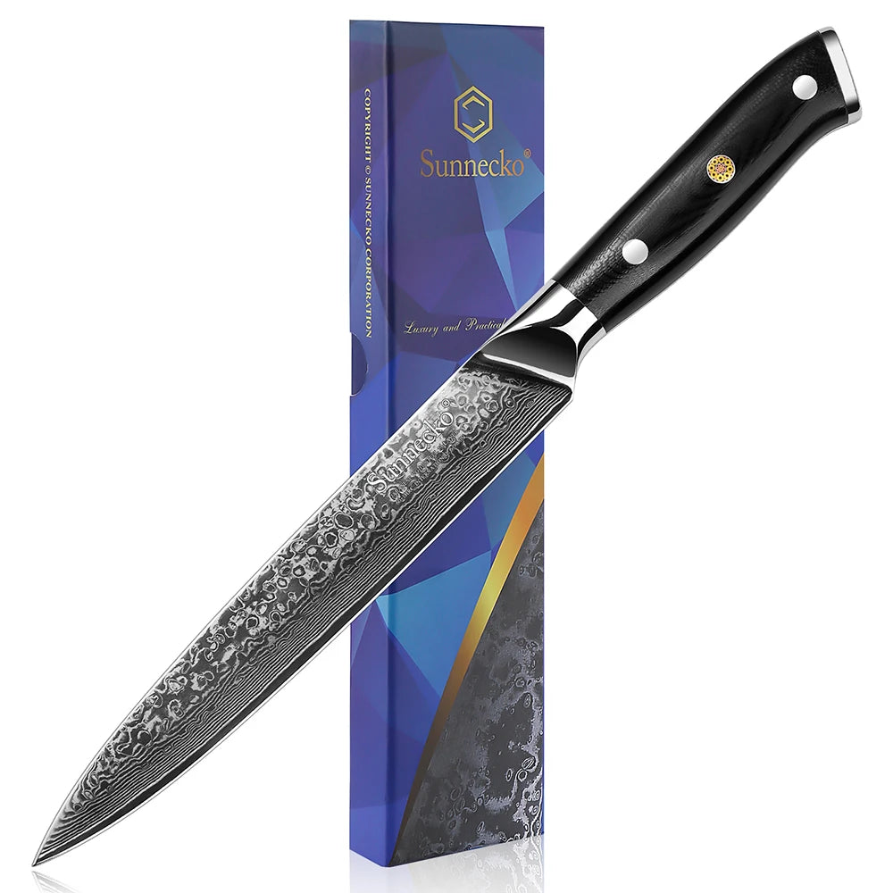 Sunnecko 8" Damascus Slicing Knife – 73-Layer VG10 Steel Damascus Slicing Knife Axl