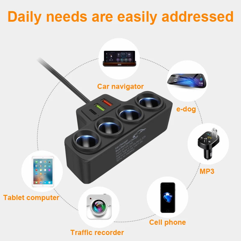 Baideluo 7-in-1 Car Charger – 2 USB, PD & 4 Sockets Car Charger Axl