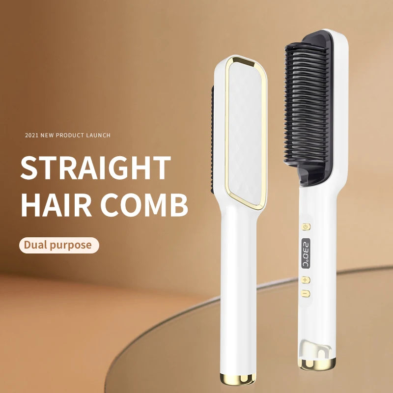 2-in-1 Electric Hair Straightener & Curling Comb LCD Display Hair Styling Comb Axl