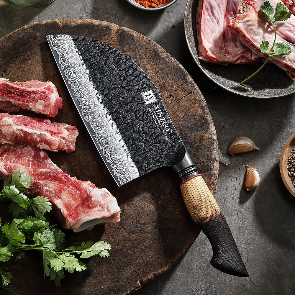 XINZUO 7.3" 67-Layer Damascus Steel Bone Chopper Cleaver Knife Damascus Kitchen Knife Axl