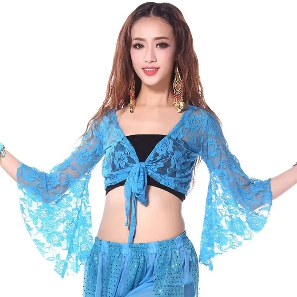 Women's Belly Dance Lace Shrug – Long Sleeve Cardigan Cover Up Dance Lace Shrug Axl Lake blue