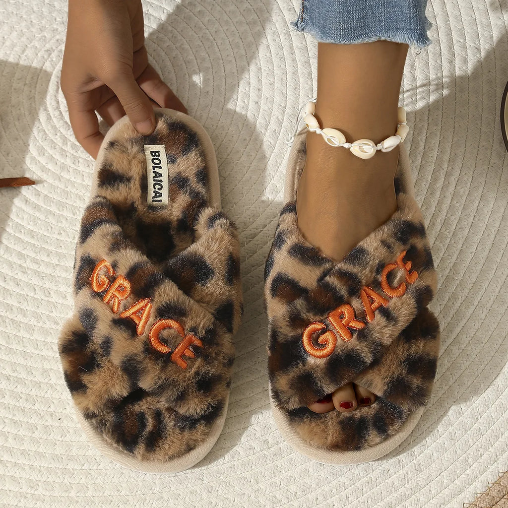 Women's Faux Fur Fluffy Slides – Custom Name Letter Slippers Faux Fur Slides Axl