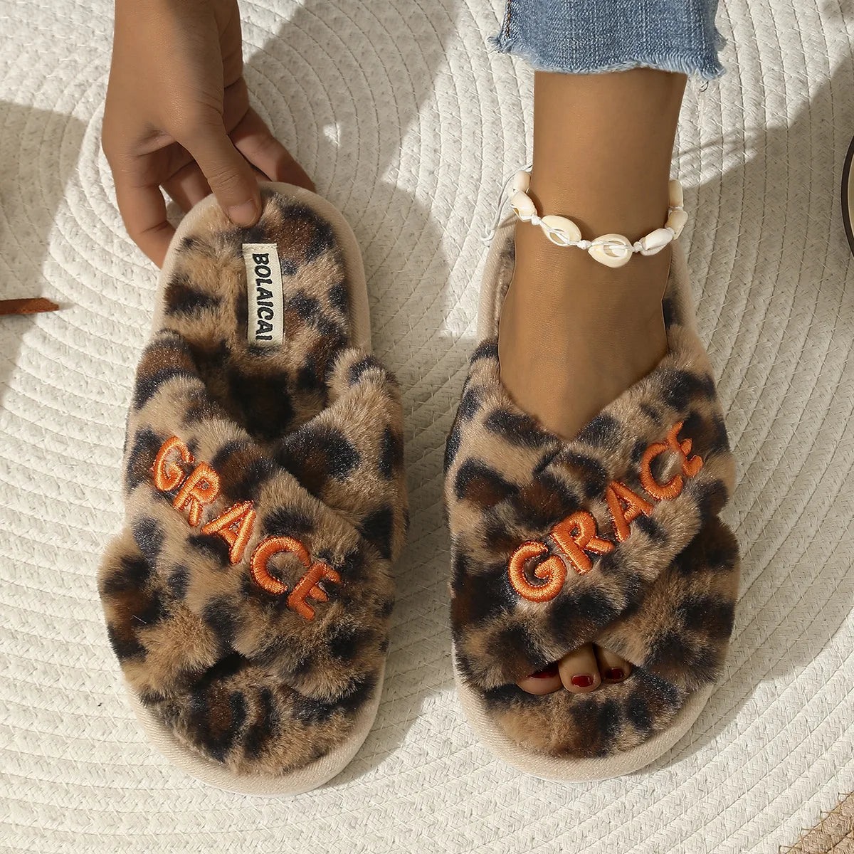 Women's Faux Fur Fluffy Slides – Custom Name Letter Slippers Faux Fur Slides Axl