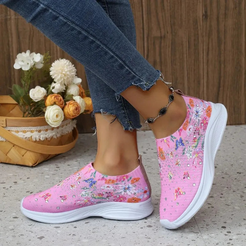 Flower Print Knitted Sneakers – Crystal Slip-On Women's Shoes Knitted Slip-On Sneakers Axl