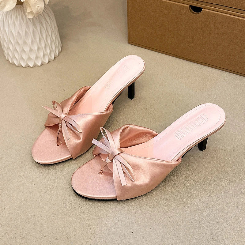 Satin Butterfly-Knot Women's High Heel Slippers | Clip Toe High Heel Slippers Axl Pink 35