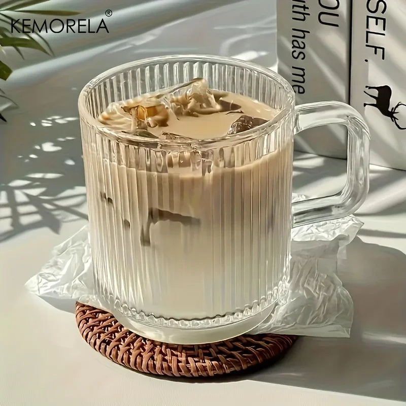 KEMORELA 350ml Vertical Grain Glass Coffee Cup with Handle Glass Coffee Cup Axl
