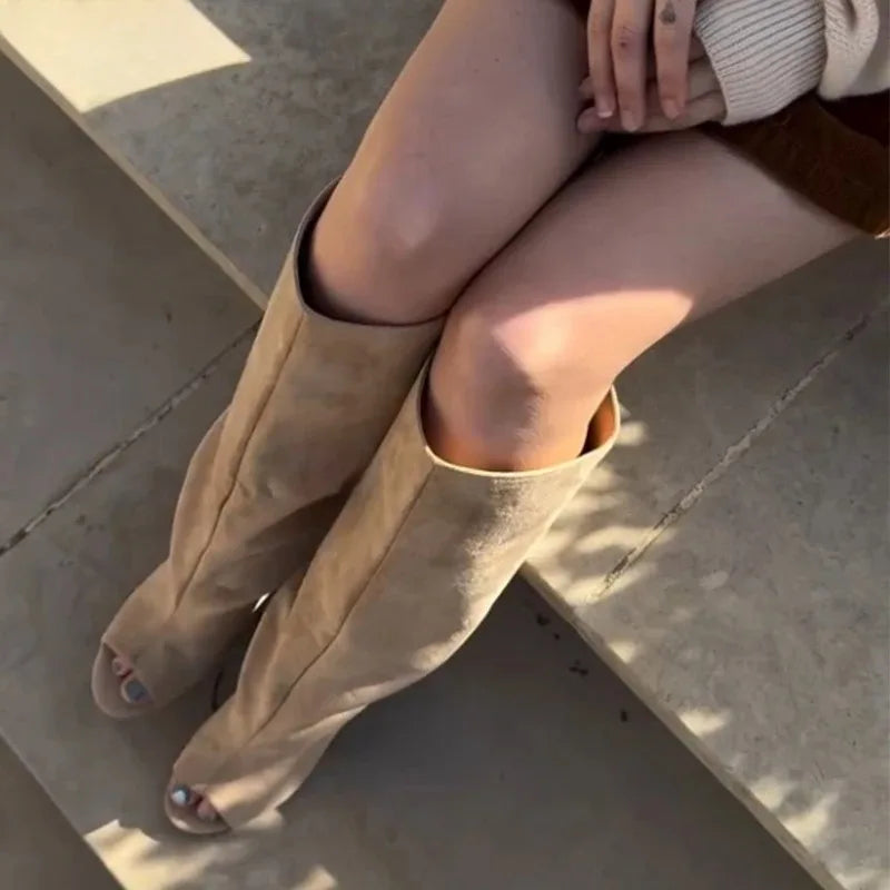 Women's Slouchy Knee-High Wedge Boots – Open Toe Wide Calf Knee-High Boots Axl