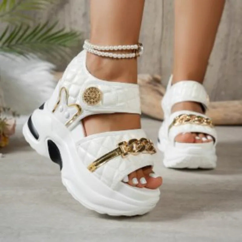 Women's Wedge Sandals – Metal Decor High Heel Summer Shoes Wedge Sandals Axl 42 WHITE