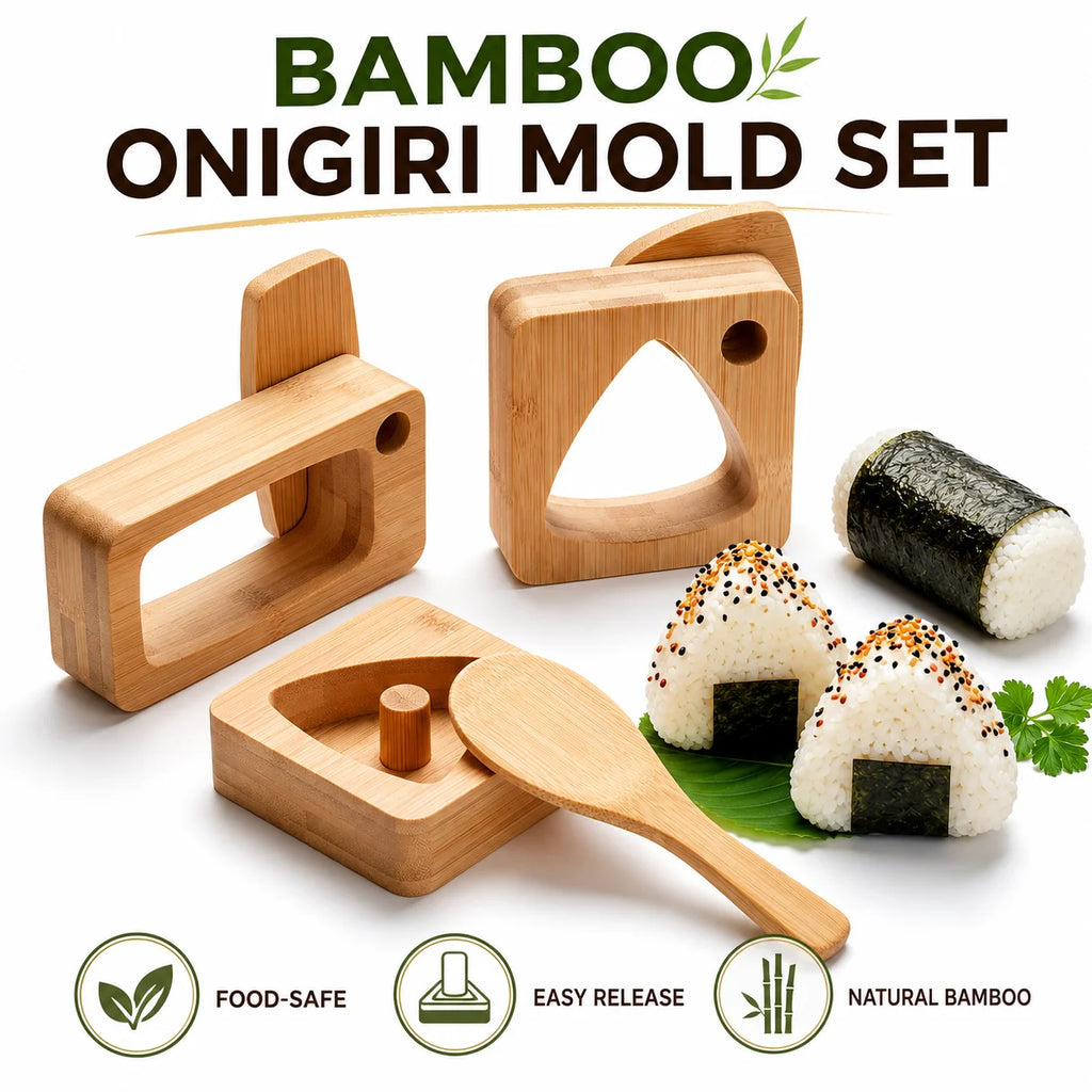 Natural Bamboo Onigiri Mold Set – 5-Piece Triangle Rice Ball Maker Sushi Mold Set Axl 3 PACK Set