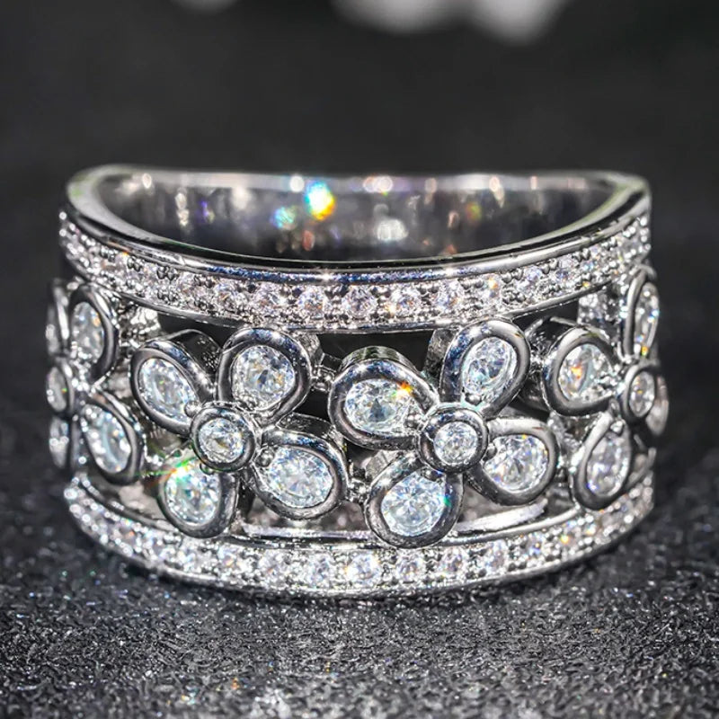 Huitan CZ Flower Ring for Women – Hollow Brass Wedding Band Fashion Ring Axl T0129 6
