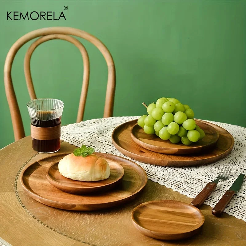 Handmade Round Acacia Wood Plate – Sushi, Dessert & Fruit Dish Wooden Serving Plate Axl