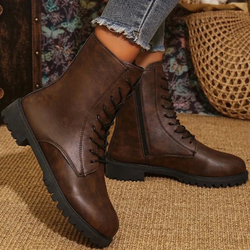 Women's British Zip Ankle Boots – PU Leather, Round Toe Booties Ankle Boots Axl